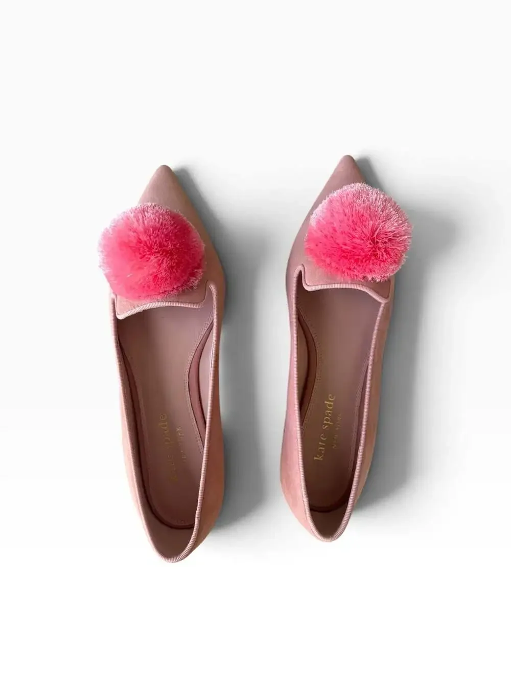 Kate Spade New York Amour Pom Flat Size 8.5B Pink Suede Pointed-Toe Slip-On